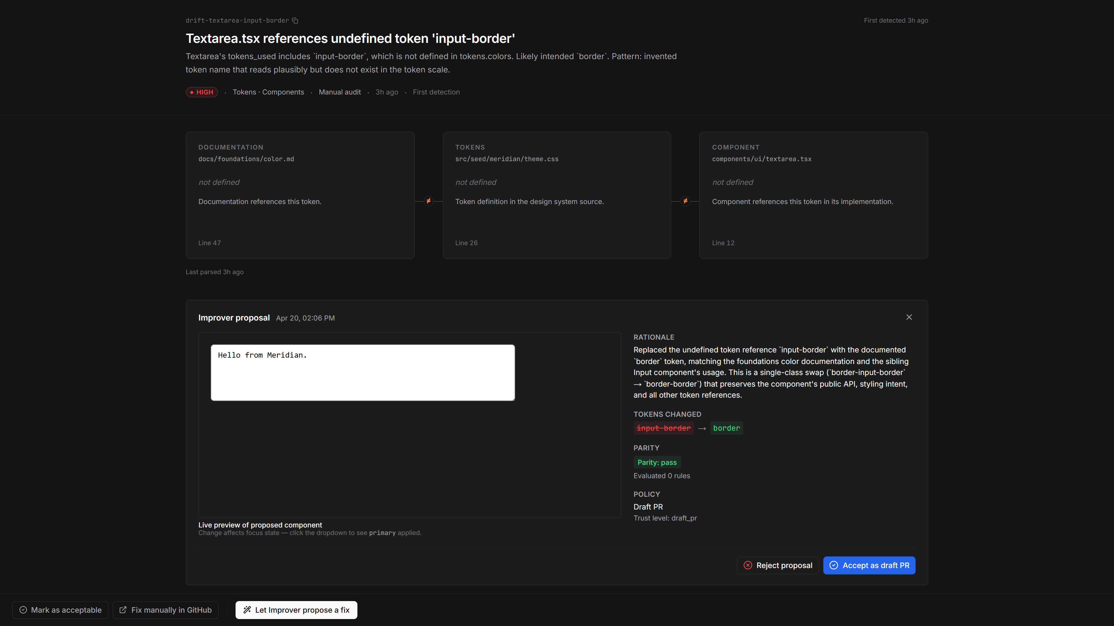 Drift detail — documentation, tokens, and component source diffed in three columns