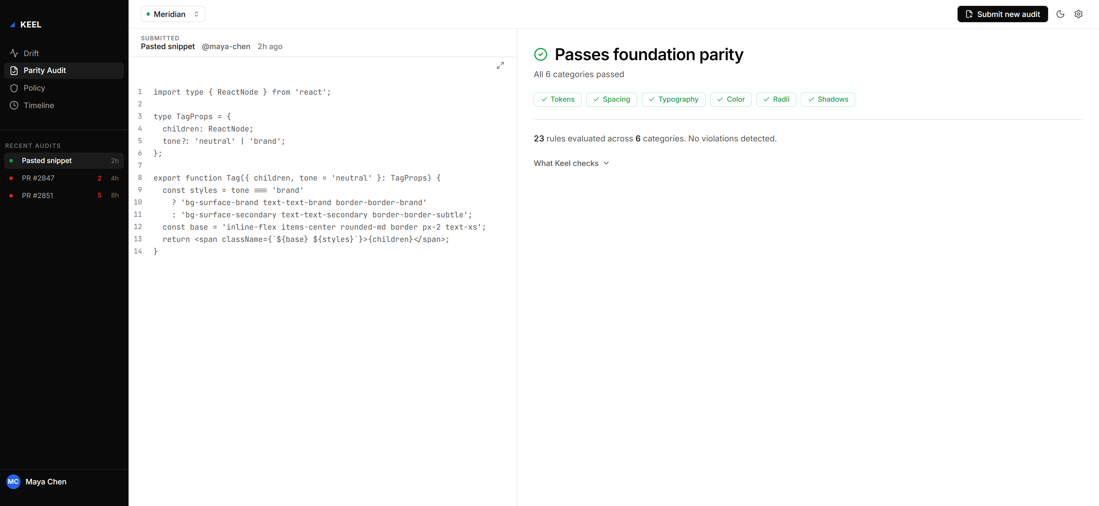 Parity check passing — 23 rules across 6 categories, no violations